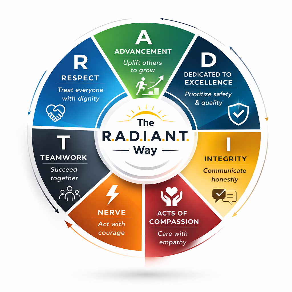 The R.A.D.I.A.N.T. Way: Respect, Advancement, Dedicated to Excellence, Integrity, Acts of Compassion, Nerve, and Teamwork.